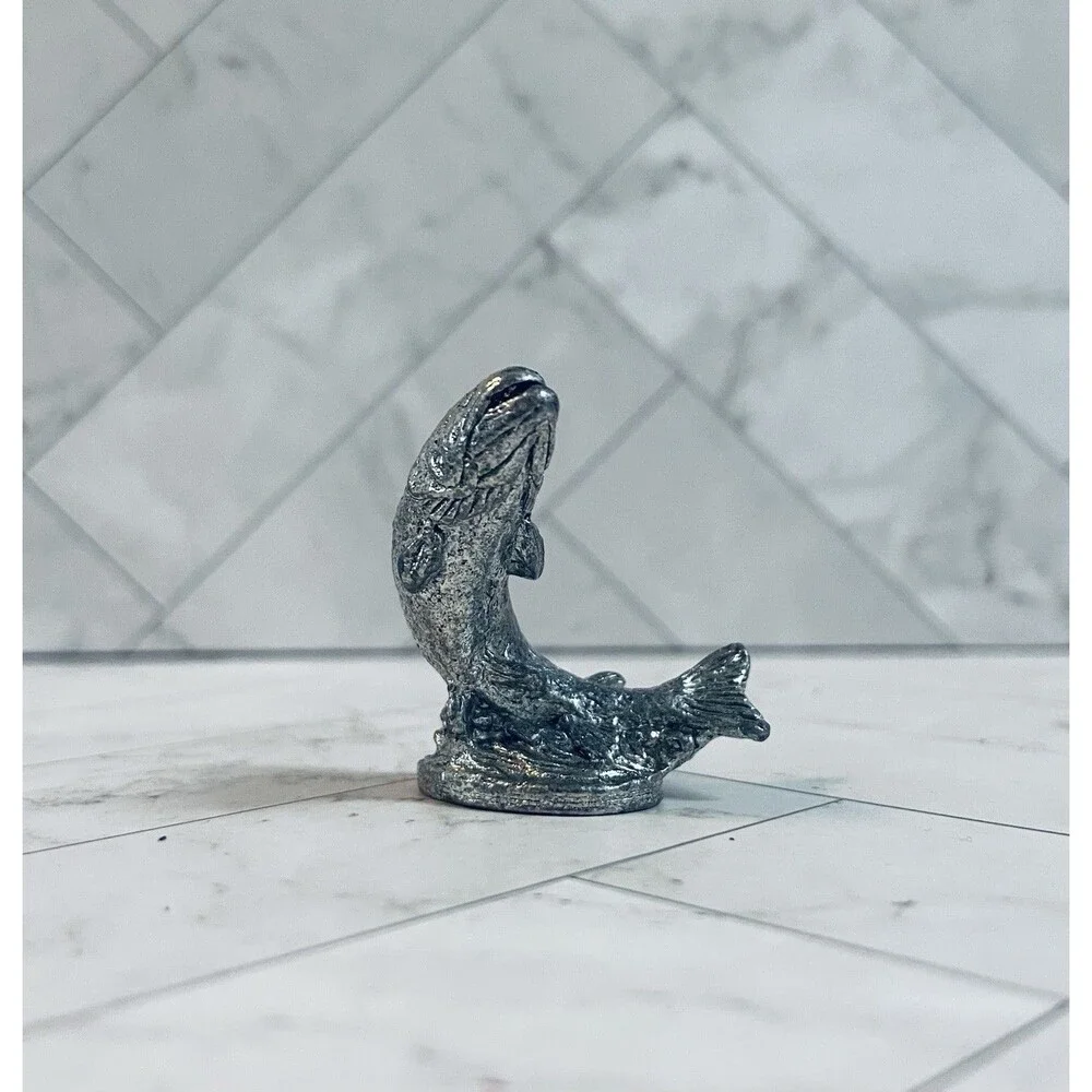 Vintage Metzke Pewter Fly Fisherman & Trout Figurine Set